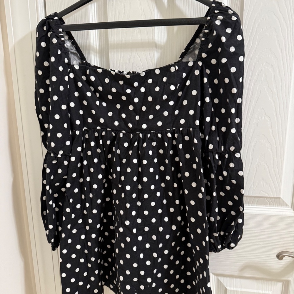 Adorable Reformation Michaela Organic Cotton Polka Dot Mini Dress Black Sz 2 - Picture 3 of 6